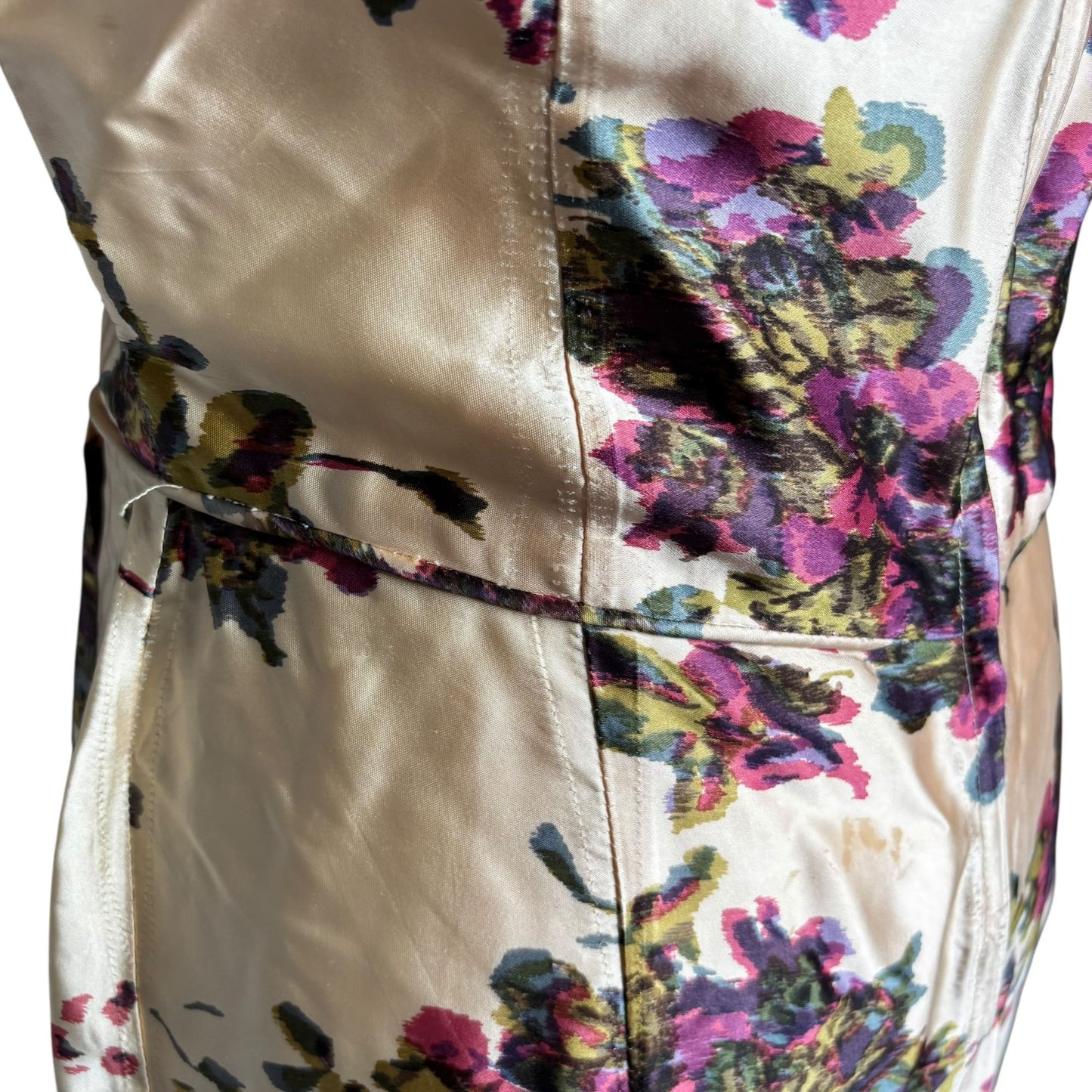 Vintage 50s Jeanette Alexander Of California Floral Satin Dress Small Cream Zip