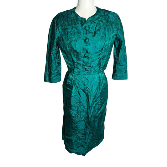 Vintage 50s Floral Brocade Dress Jacket Set Size Small Green Short Sleeve Zipper