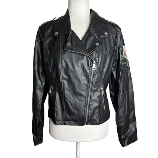 Moto Gear Faux Leather Jacket Large Black Floral Embroidery Zipper Details