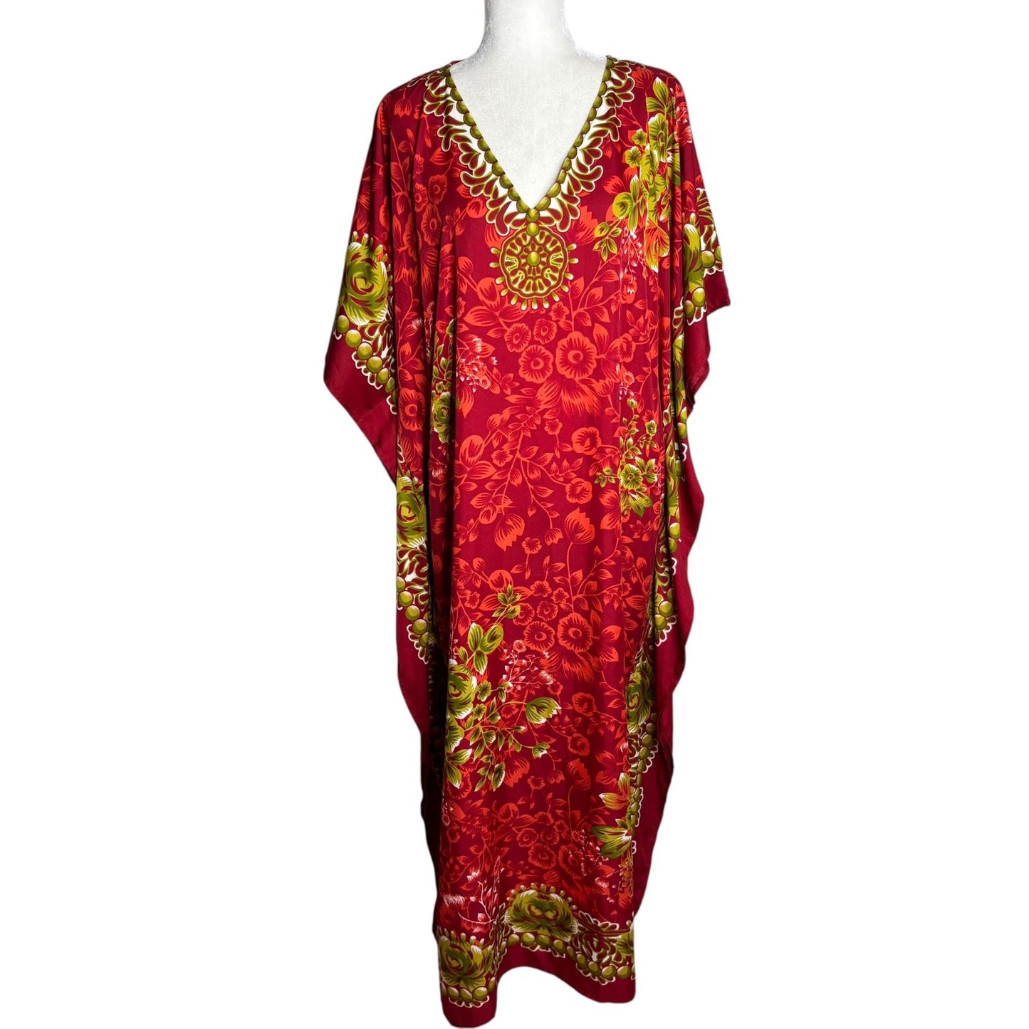 Miss Lavish London Floral Kaftan Maxi Dress One Size Red Pockets V Neck Resort