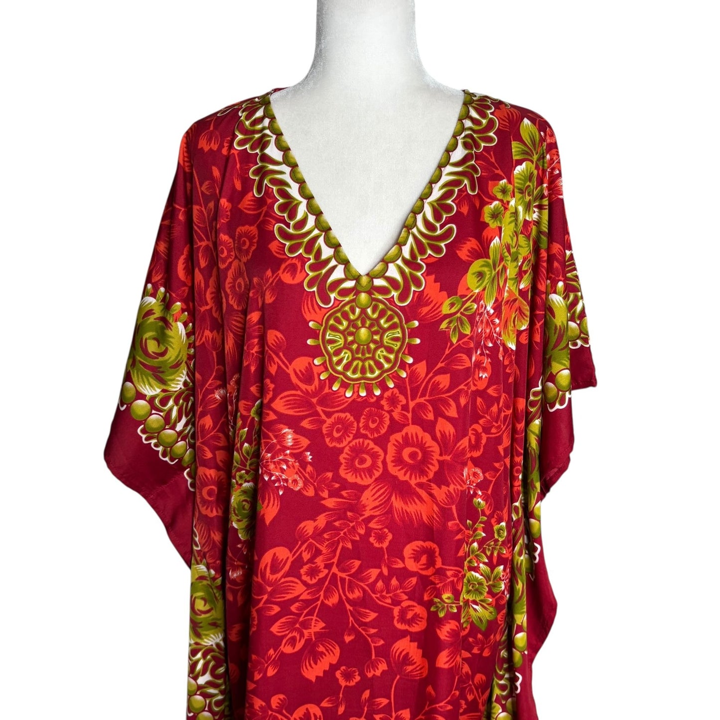 Miss Lavish London Floral Kaftan Maxi Dress One Size Red Pockets V Neck Resort