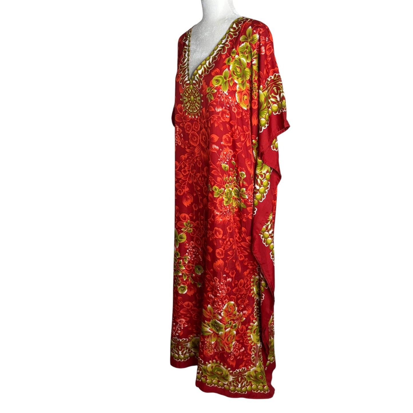 Miss Lavish London Floral Kaftan Maxi Dress One Size Red Pockets V Neck Resort