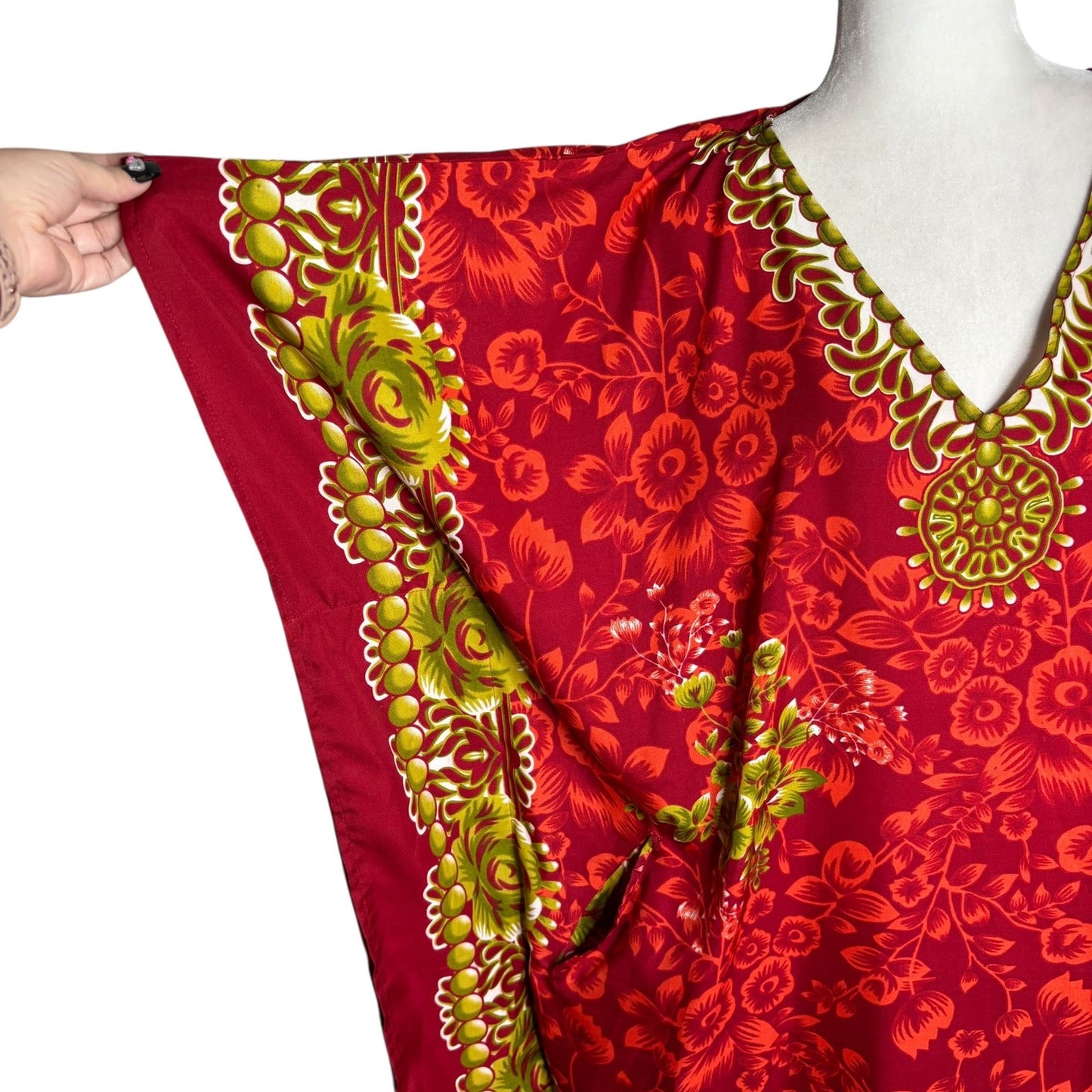 Miss Lavish London Floral Kaftan Maxi Dress One Size Red Pockets V Neck Resort