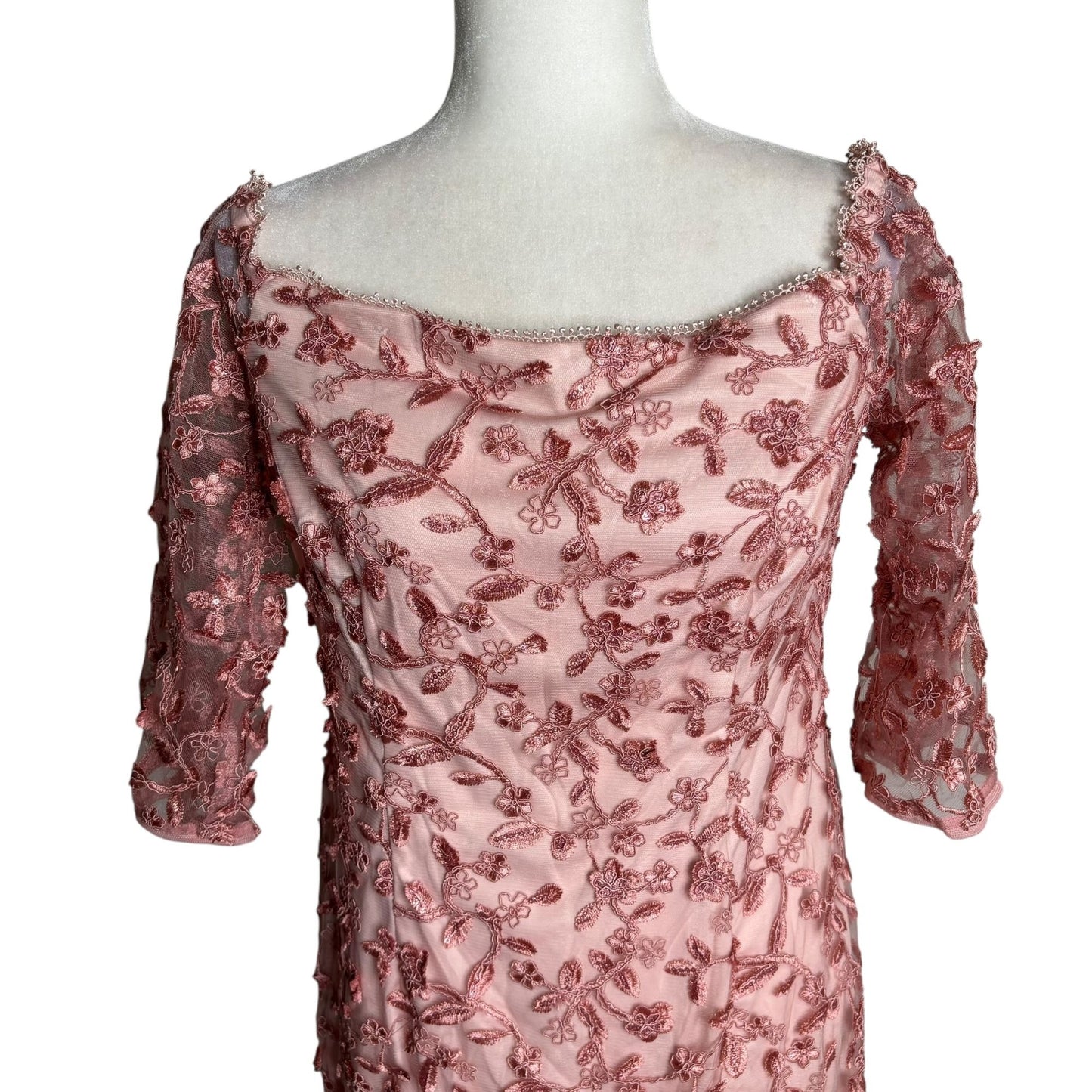 Adrianna Papell Floral Embroidered Dress Size 10 Pink Lace Off Shoulder Sleeves