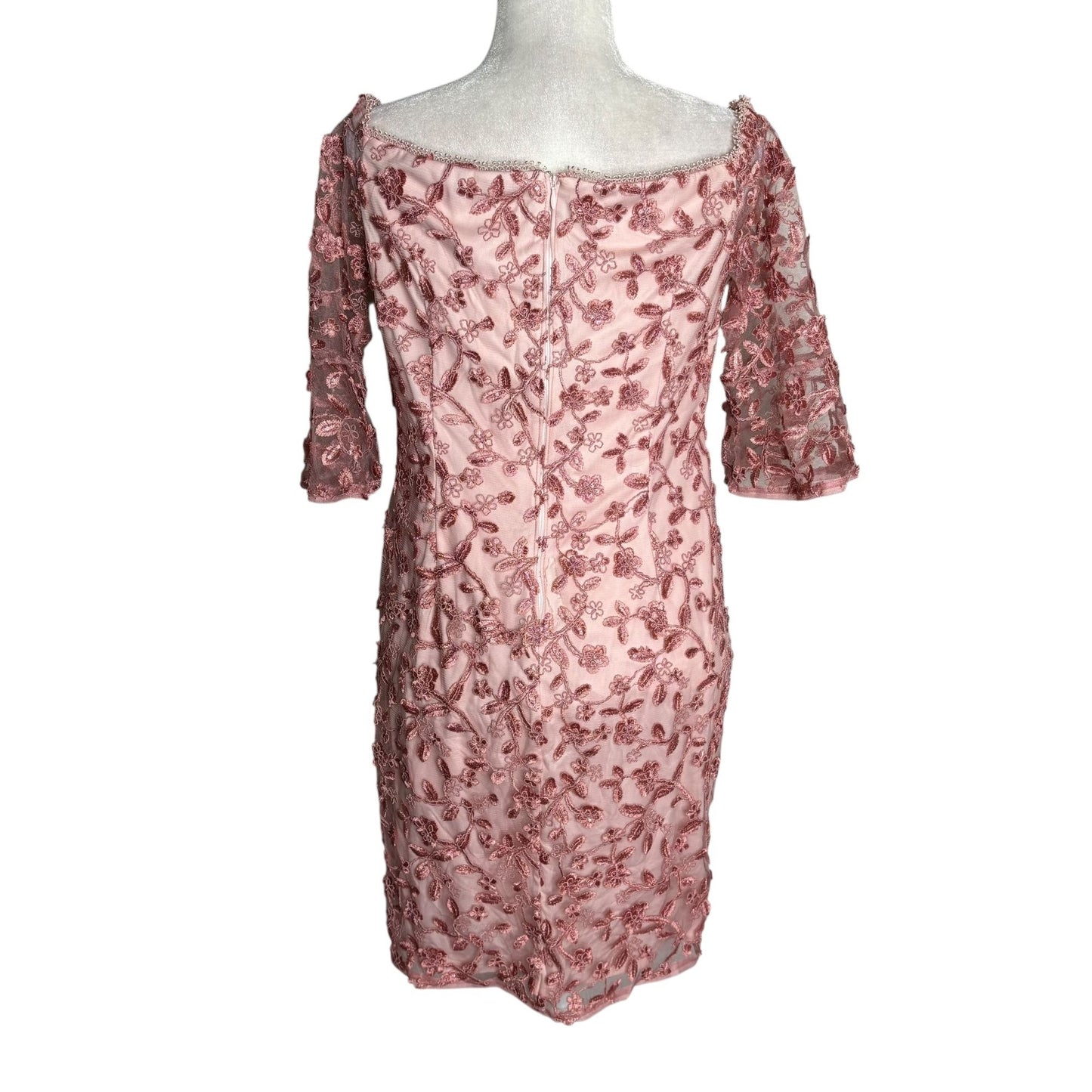 Adrianna Papell Floral Embroidered Dress Size 10 Pink Lace Off Shoulder Sleeves