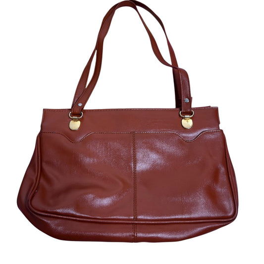 Vintage 80s Brown Faux Leather Shoulder Bag Interior Pockets Kiss Lock Magnetic