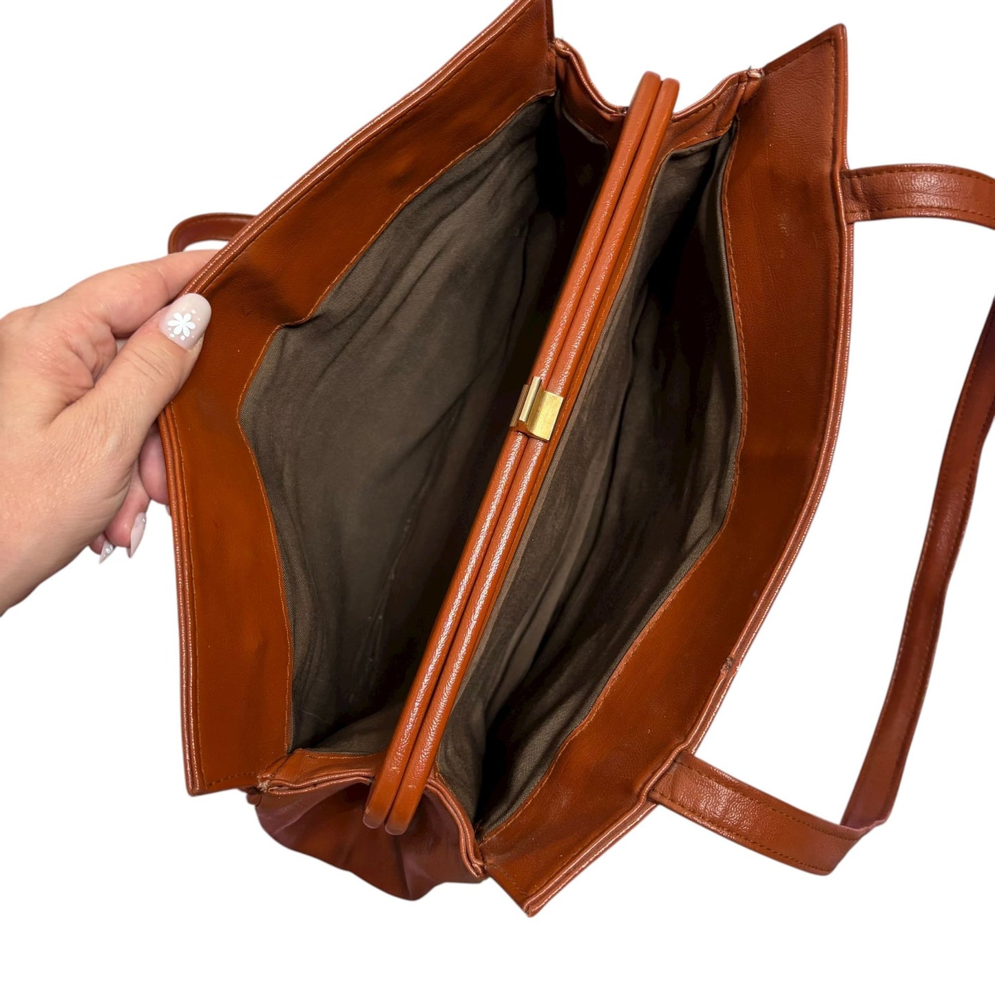 Vintage 80s Brown Faux Leather Shoulder Bag Interior Pockets Kiss Lock Magnetic