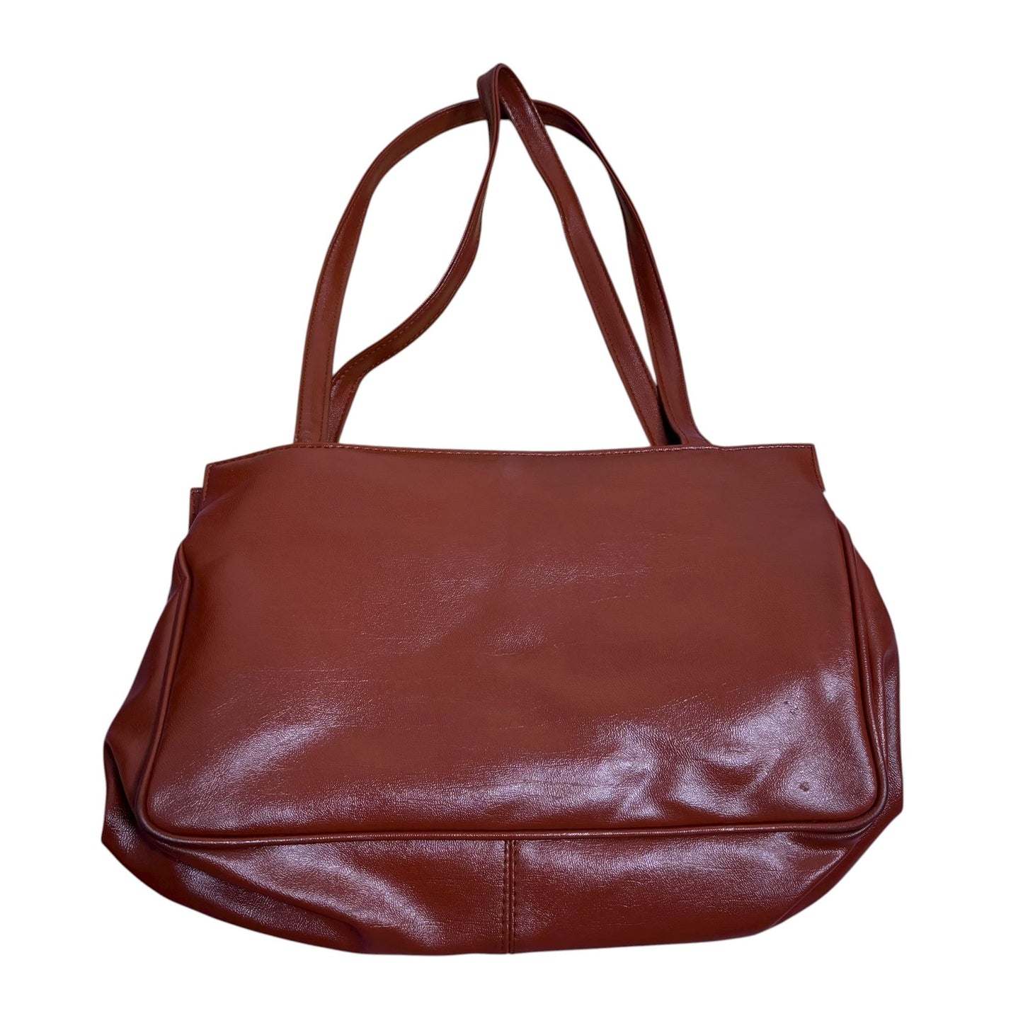 Vintage 80s Brown Faux Leather Shoulder Bag Interior Pockets Kiss Lock Magnetic