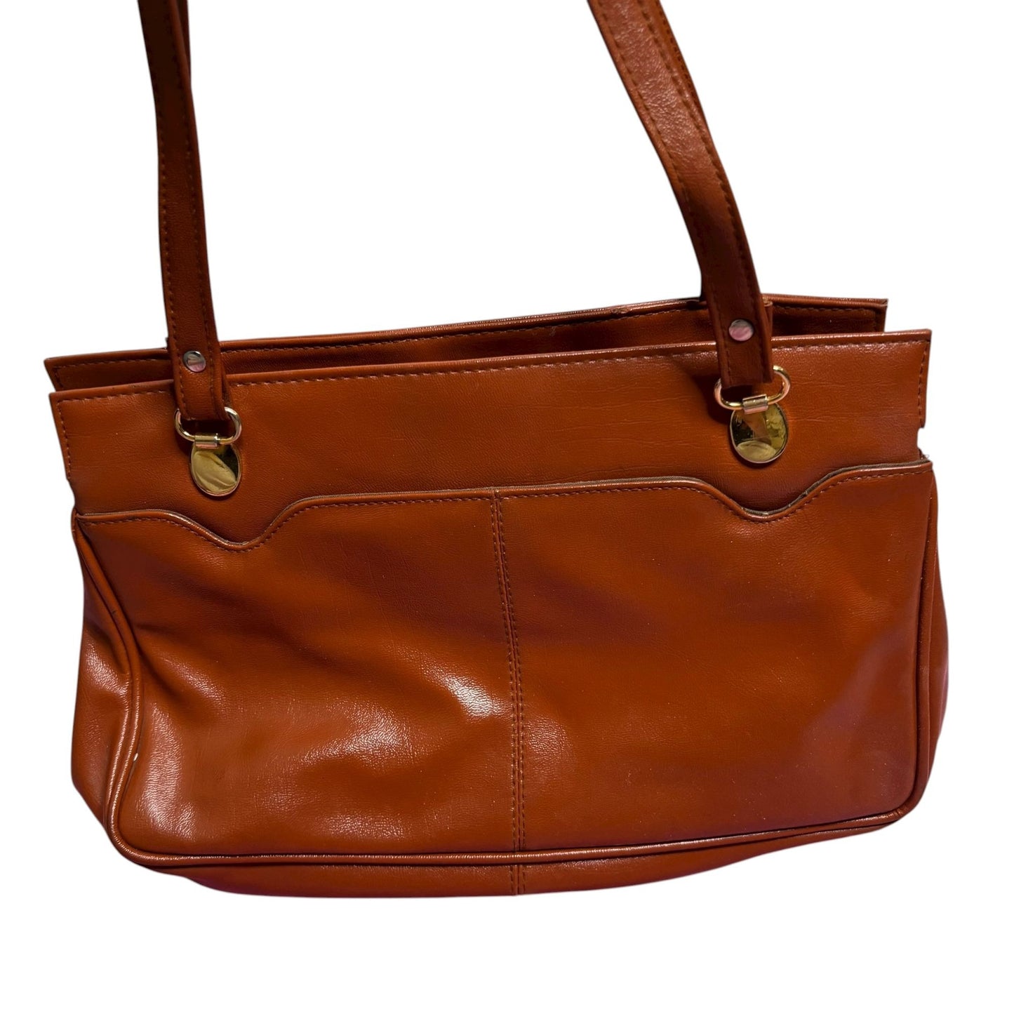 Vintage 80s Brown Faux Leather Shoulder Bag Interior Pockets Kiss Lock Magnetic