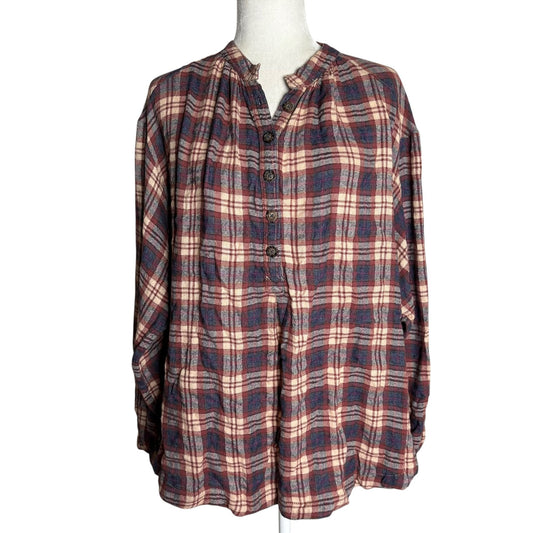 Free People Pullover Flannel Shirt Medium Maroon Red Plaid Buttons Long Sleeve