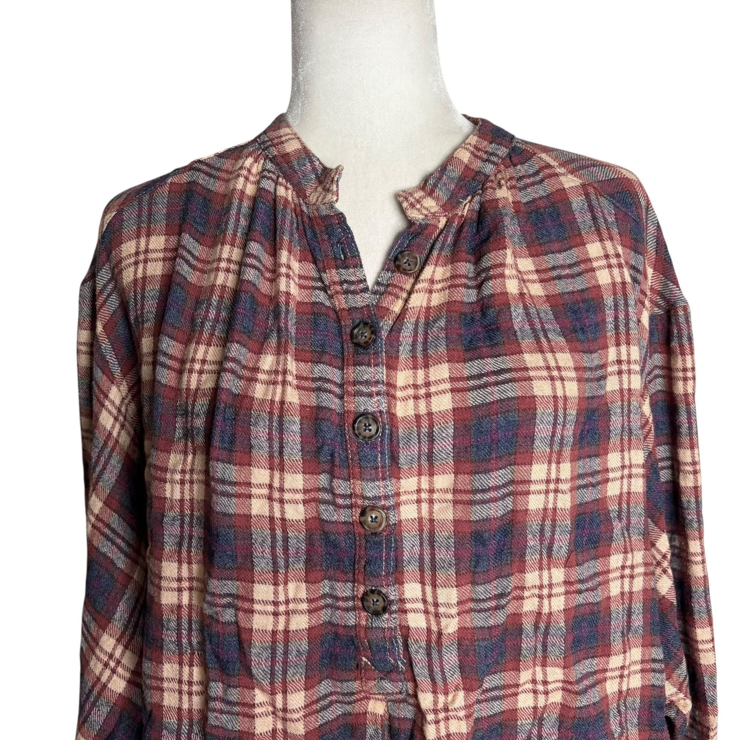 Free People Pullover Flannel Shirt Medium Maroon Red Plaid Buttons Long Sleeve