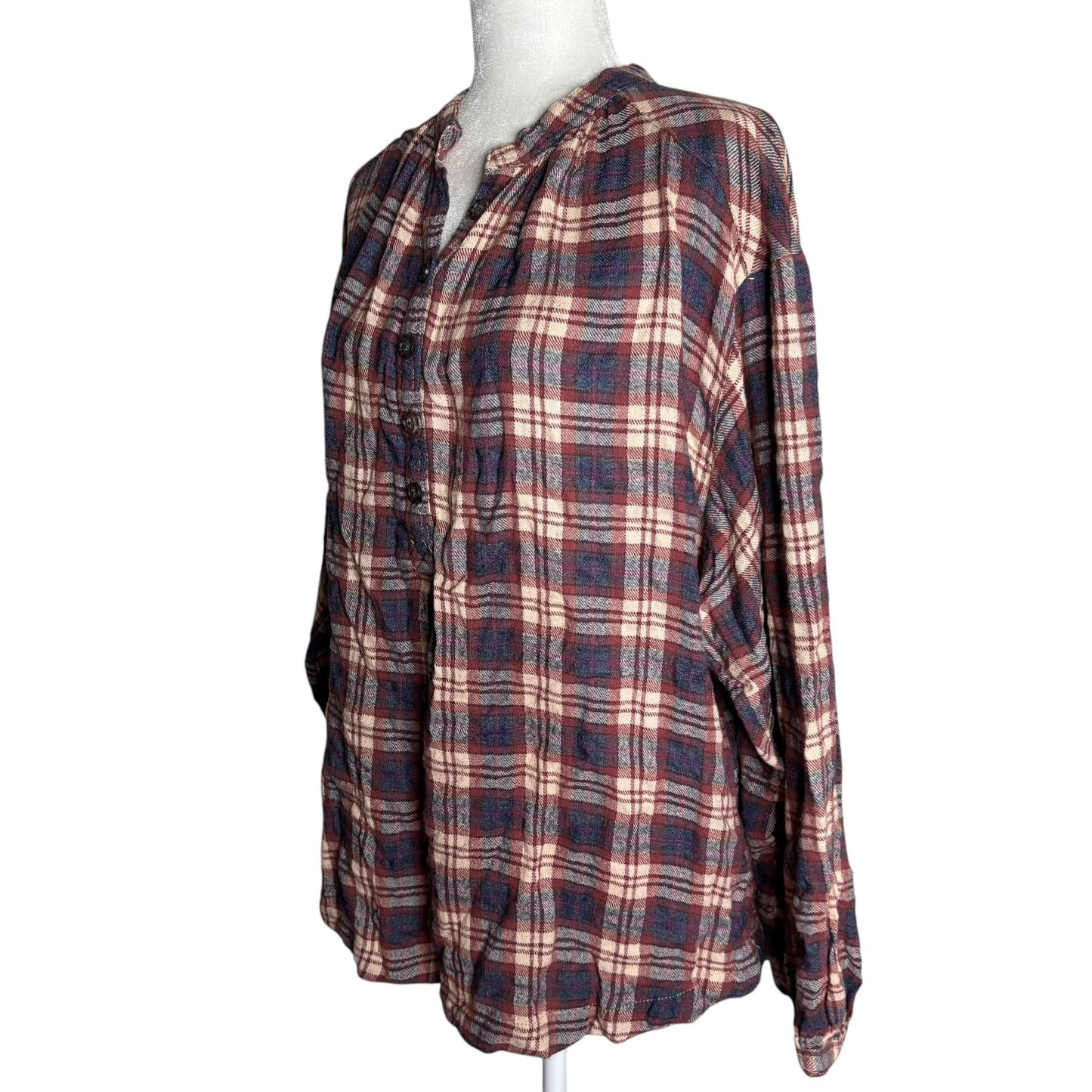 Free People Pullover Flannel Shirt Medium Maroon Red Plaid Buttons Long Sleeve