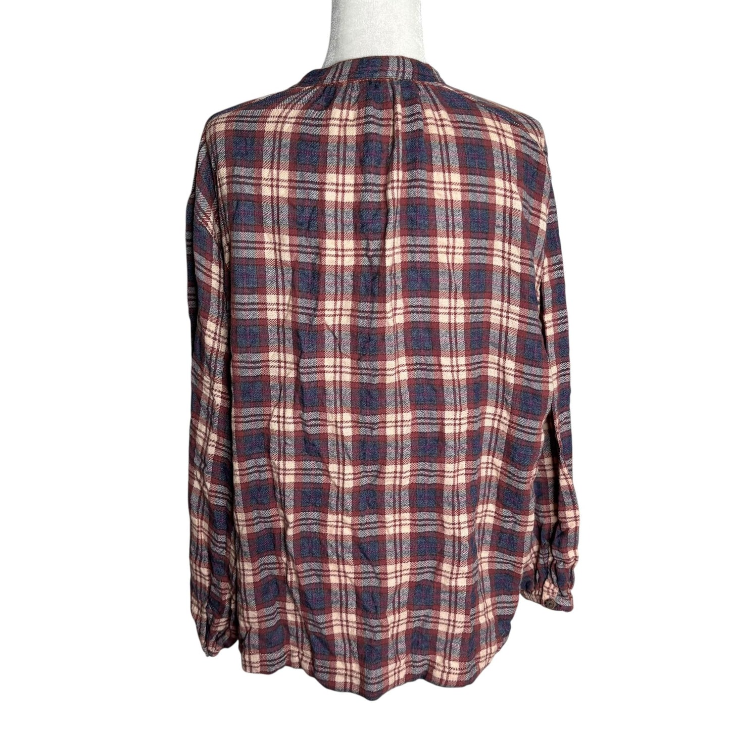 Free People Pullover Flannel Shirt Medium Maroon Red Plaid Buttons Long Sleeve