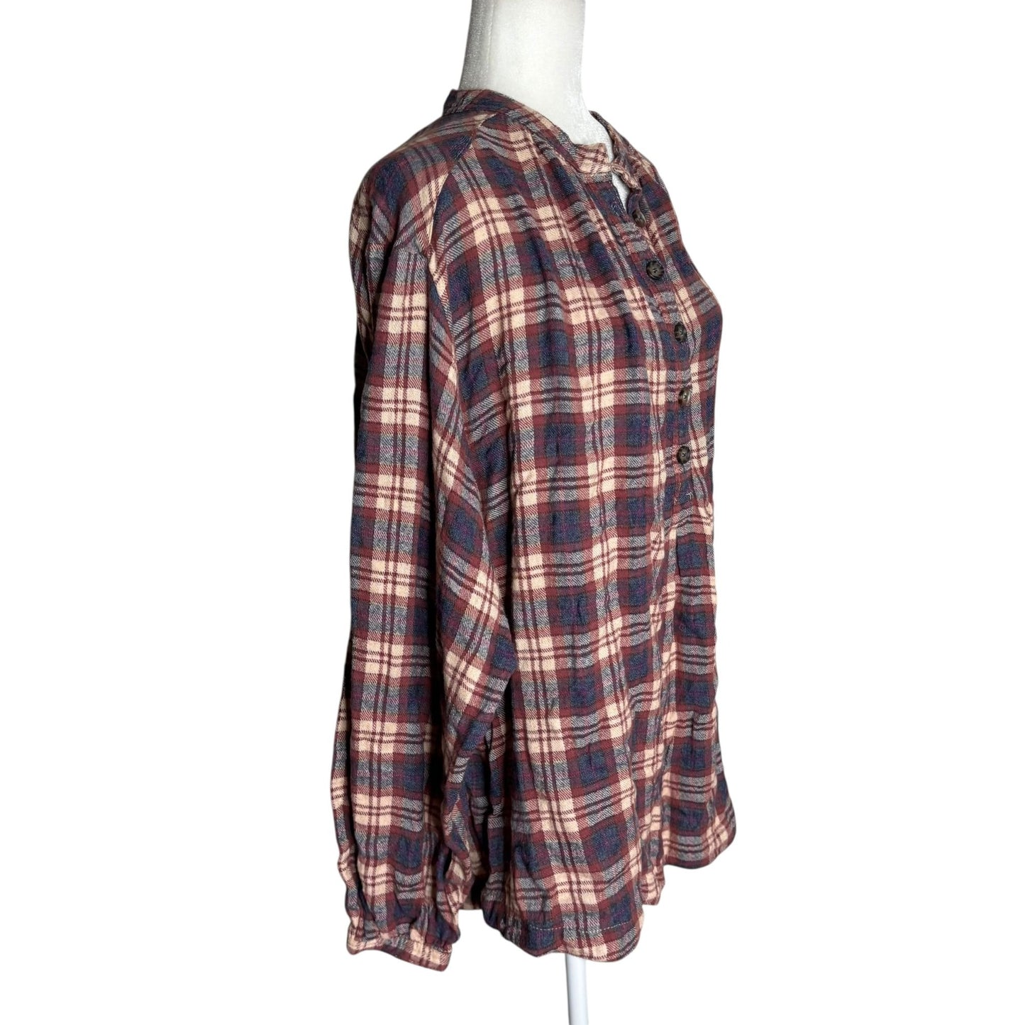 Free People Pullover Flannel Shirt Medium Maroon Red Plaid Buttons Long Sleeve