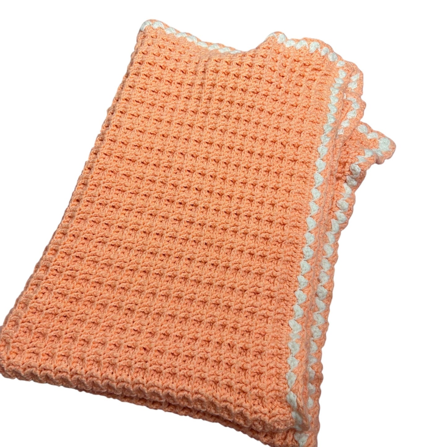 Handmade Peach Crochet Baby Blanket Throw 50 x 34 White Trim