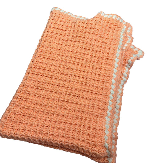 Handmade Peach Crochet Baby Blanket Throw 50 x 34 White Trim