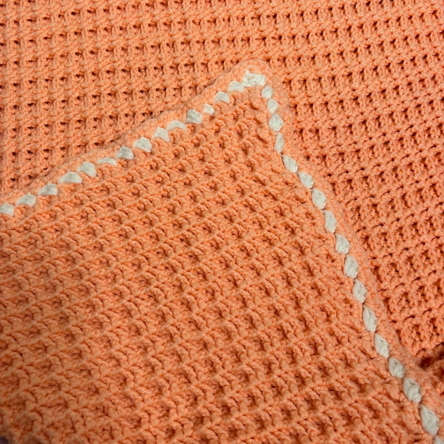 Handmade Peach Crochet Baby Blanket Throw 50 x 34 White Trim