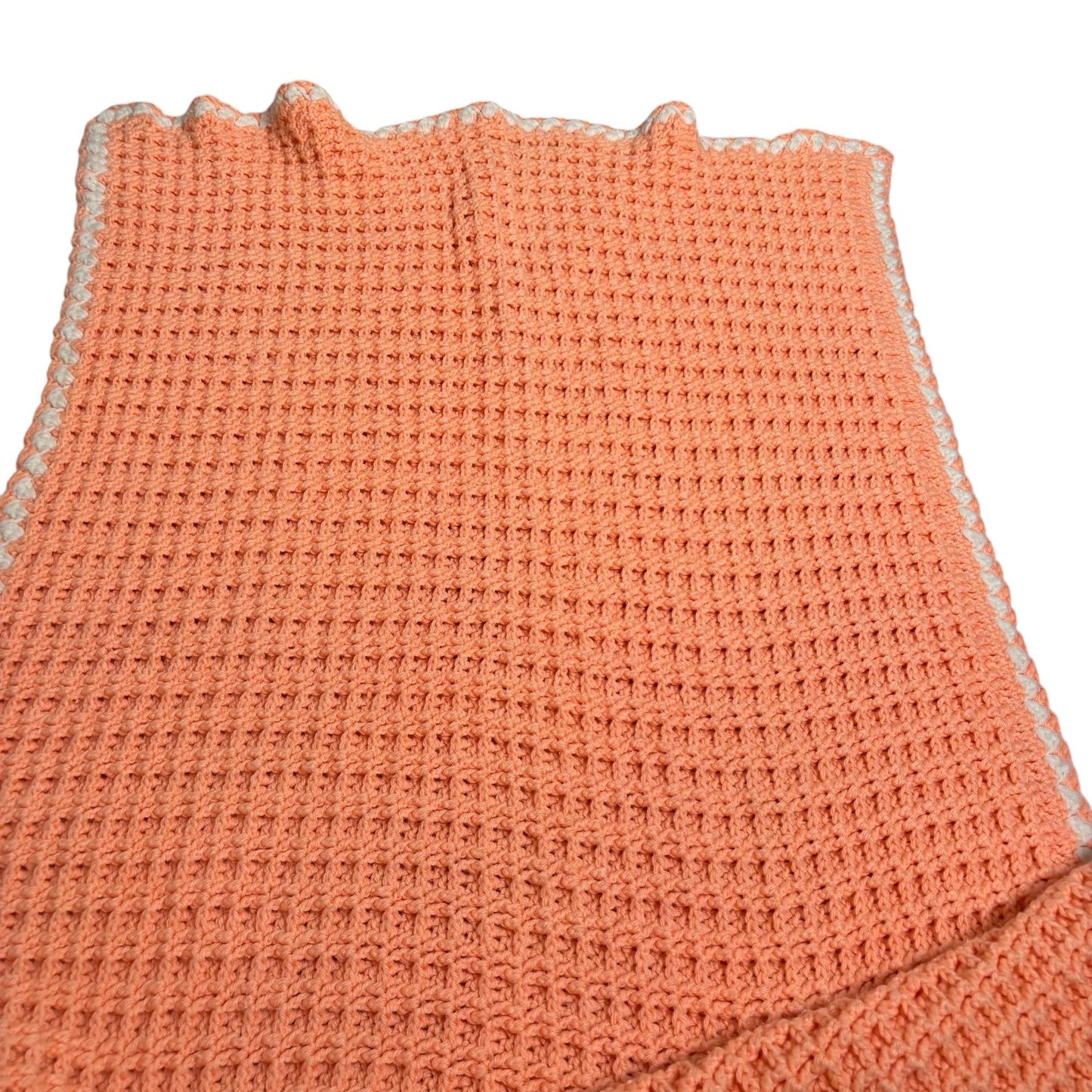 Handmade Peach Crochet Baby Blanket Throw 50 x 34 White Trim