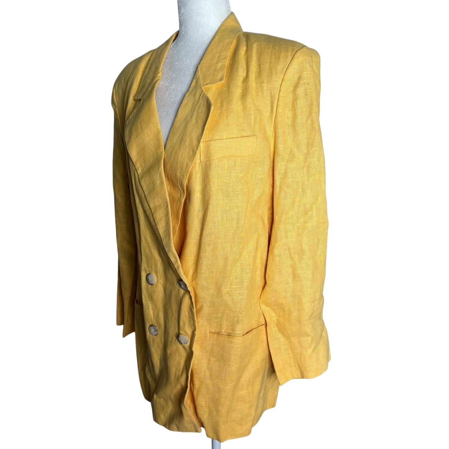 Vintage 90s Double Breasted Blazer Jacket Size 12 Yellow Linen Shoulder Pads