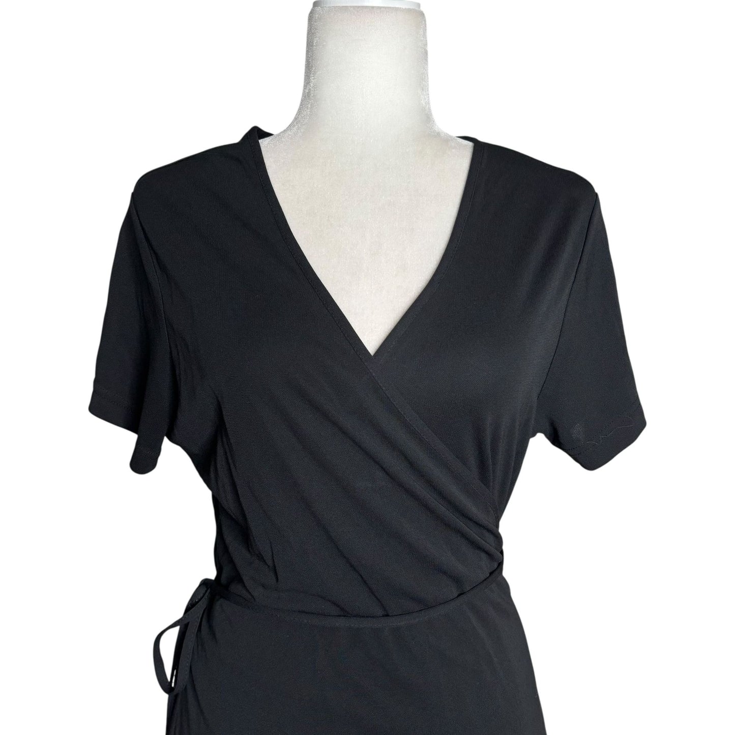 Gap Factory Full Wrap Dress Large Black Short Sleeve Tie Waist Rayon Stretch