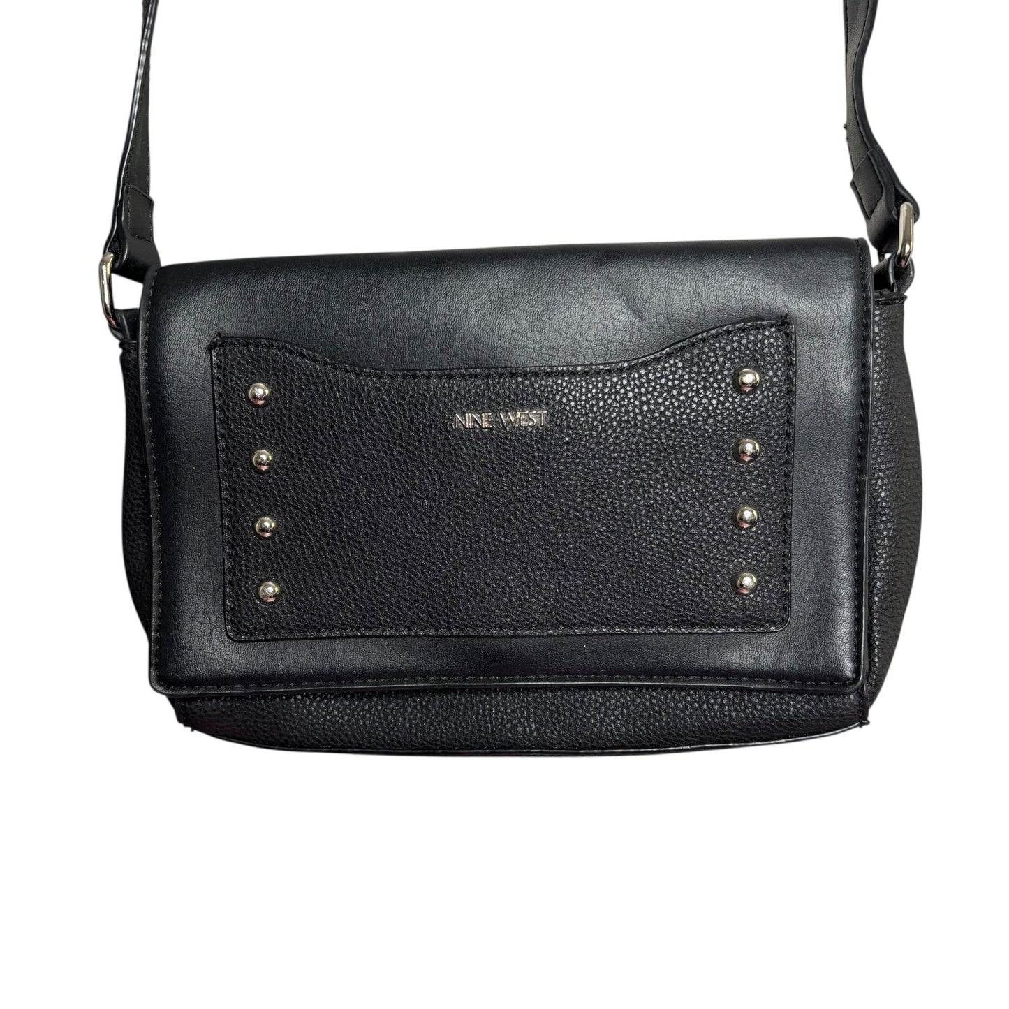 Nine West Black Crossbody Bag Faux Leather Studded Front Flap Large Pockets