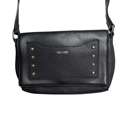 Nine West Black Crossbody Bag Faux Leather Studded Front Flap Large Pockets