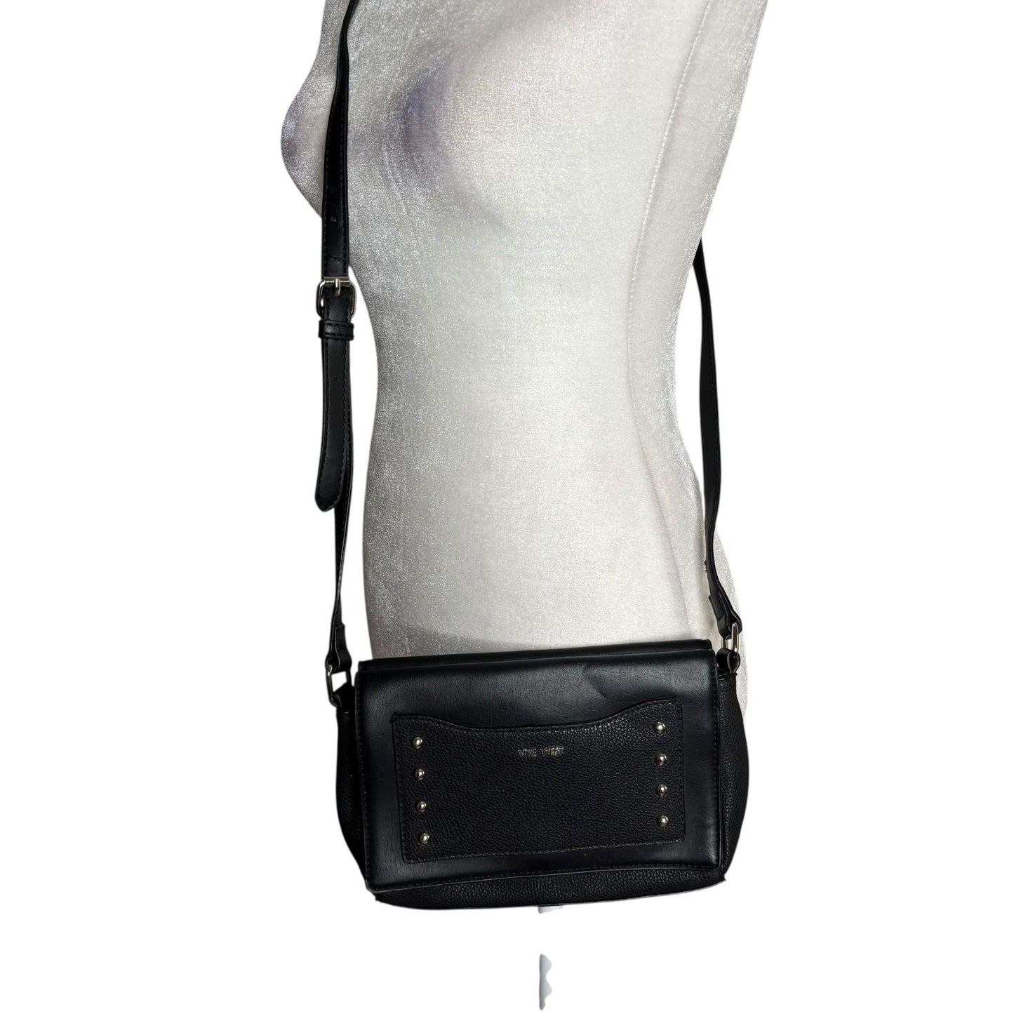 Nine West Black Crossbody Bag Faux Leather Studded Front Flap Large Pockets