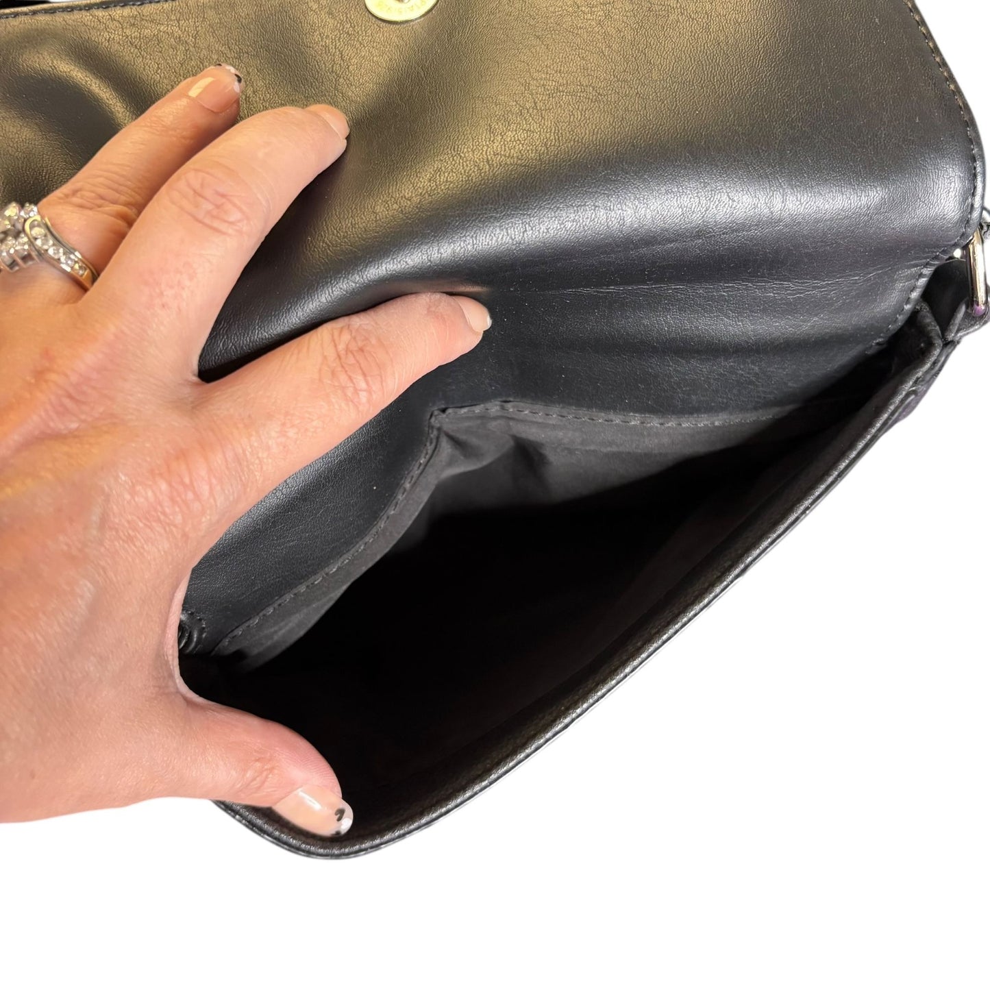 Nine West Black Crossbody Bag Faux Leather Studded Front Flap Large Pockets