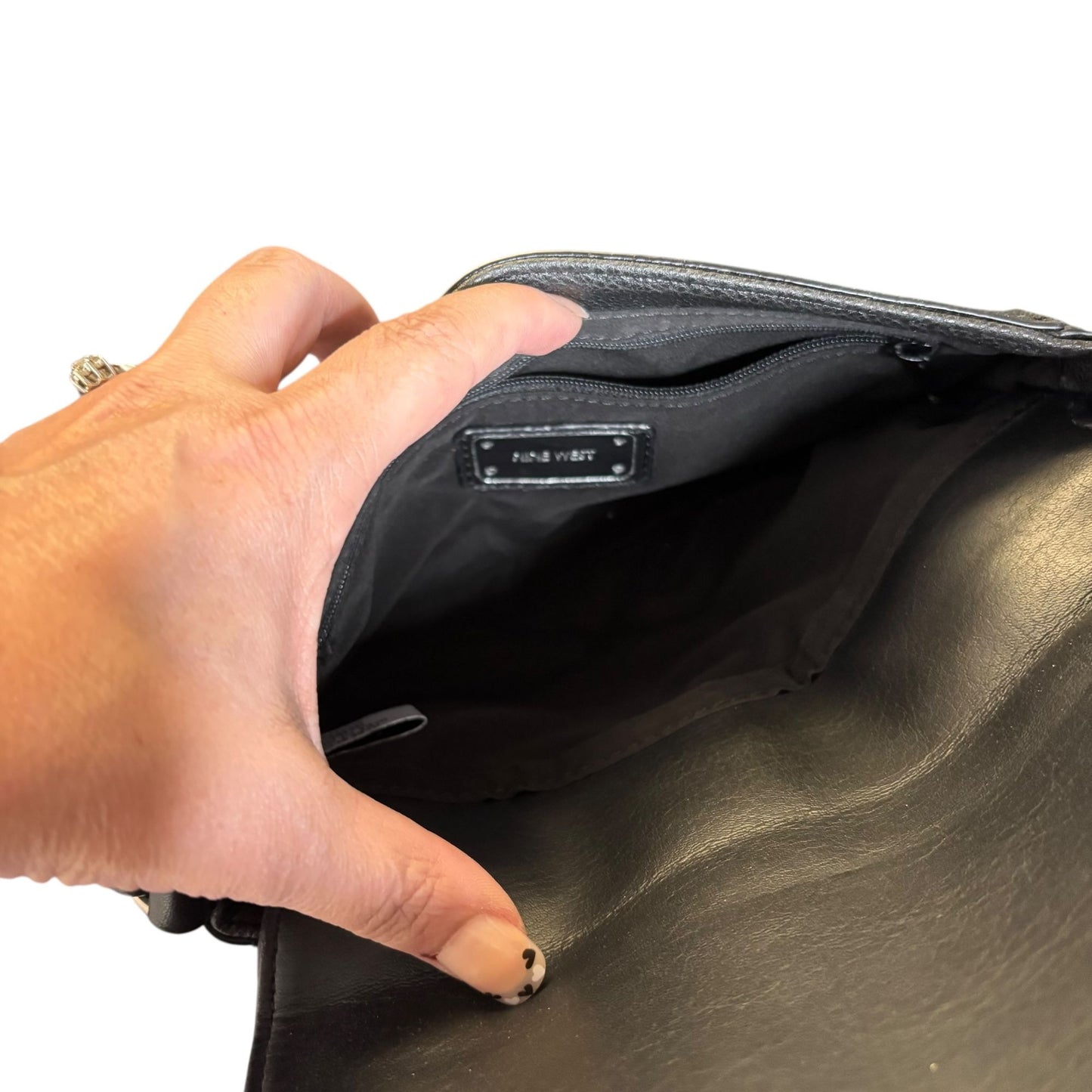 Nine West Black Crossbody Bag Faux Leather Studded Front Flap Large Pockets