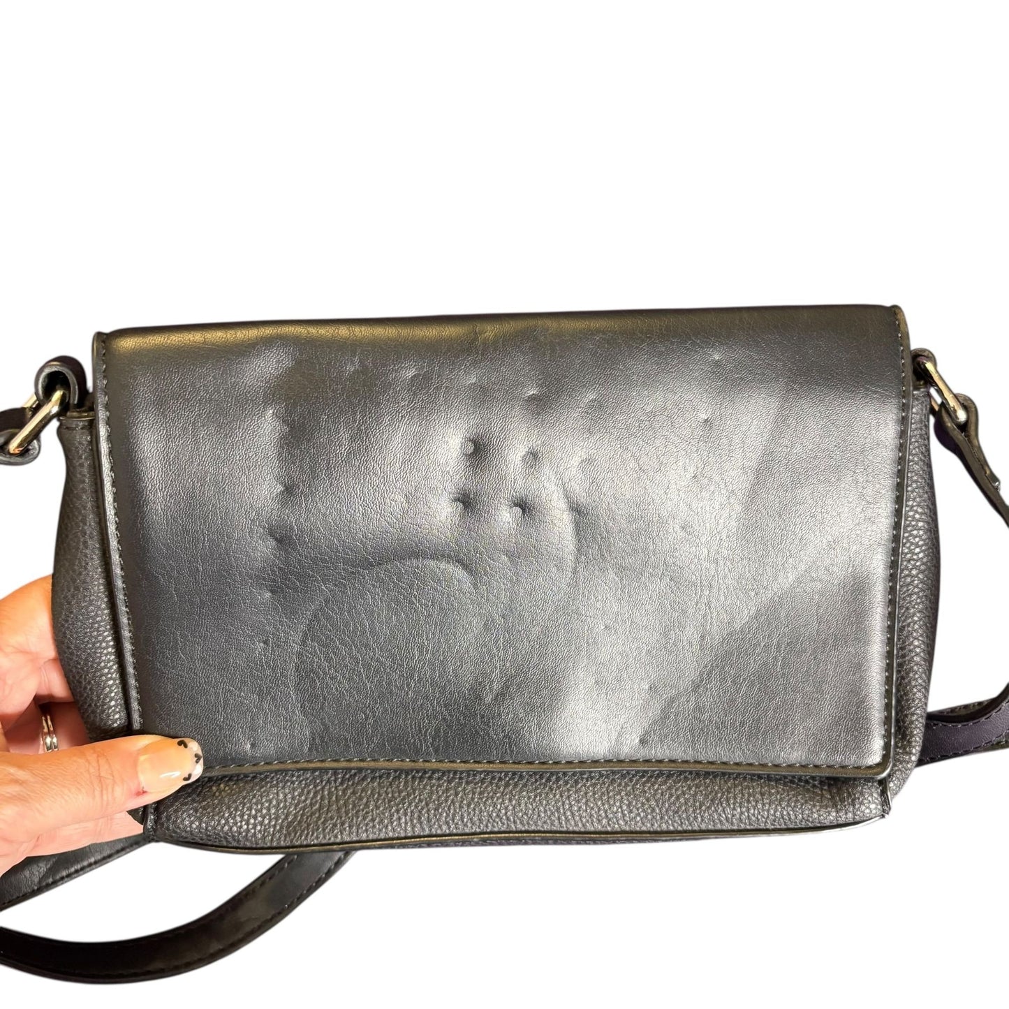 Nine West Black Crossbody Bag Faux Leather Studded Front Flap Large Pockets