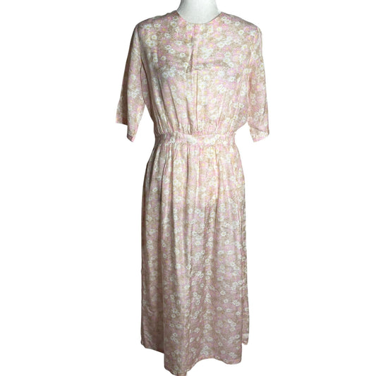 Vintage 50s Sheer Floral Day Dress Small Beige Pink Metal Zipper Short Sleeves