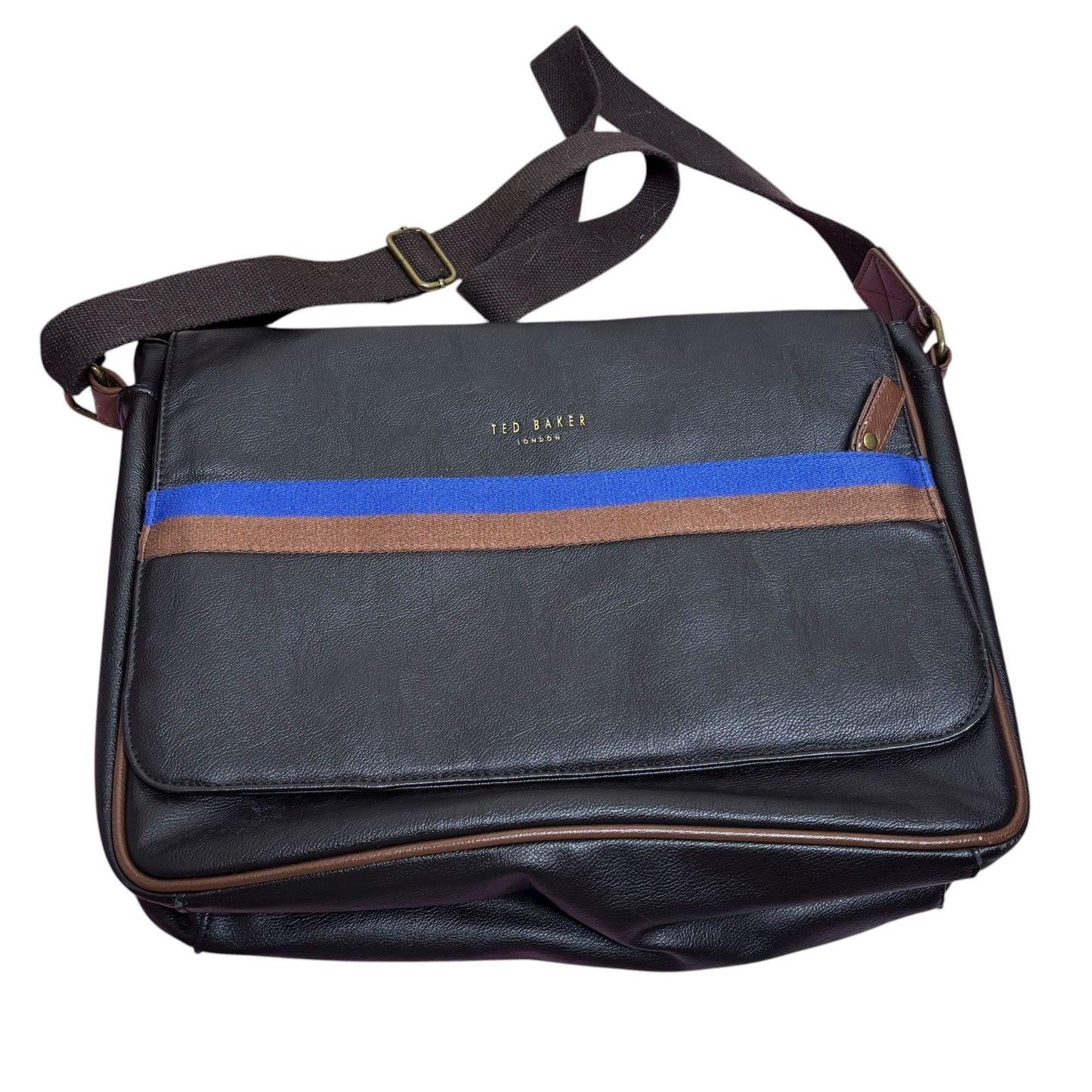 Ted Baker London Messenger Bag Brown Faux Leather Crossbody Blue Stripe Zipper