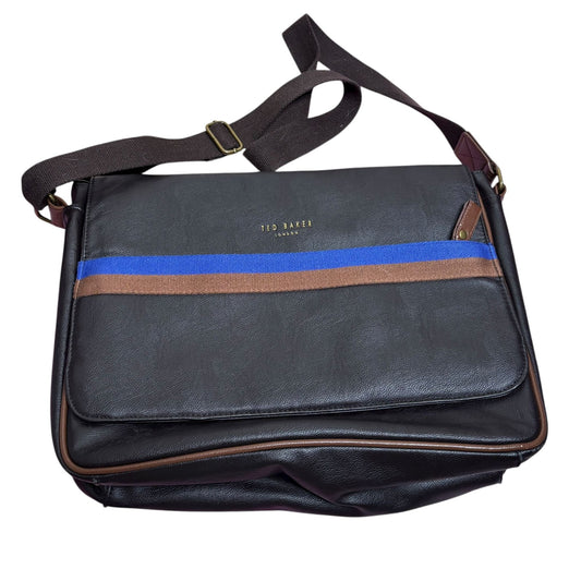 Ted Baker London Messenger Bag Brown Faux Leather Crossbody Blue Stripe Zipper
