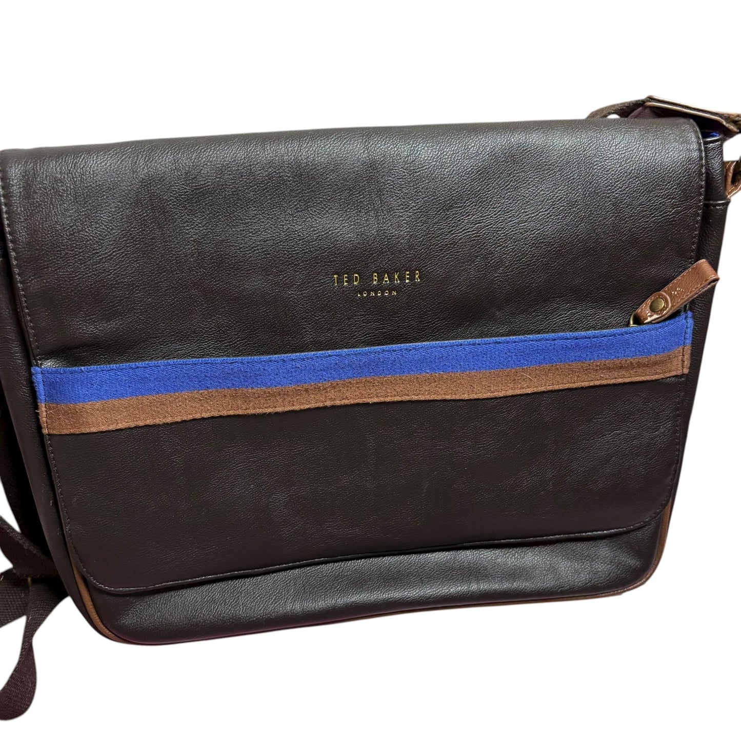 Ted Baker London Messenger Bag Brown Faux Leather Crossbody Blue Stripe Zipper