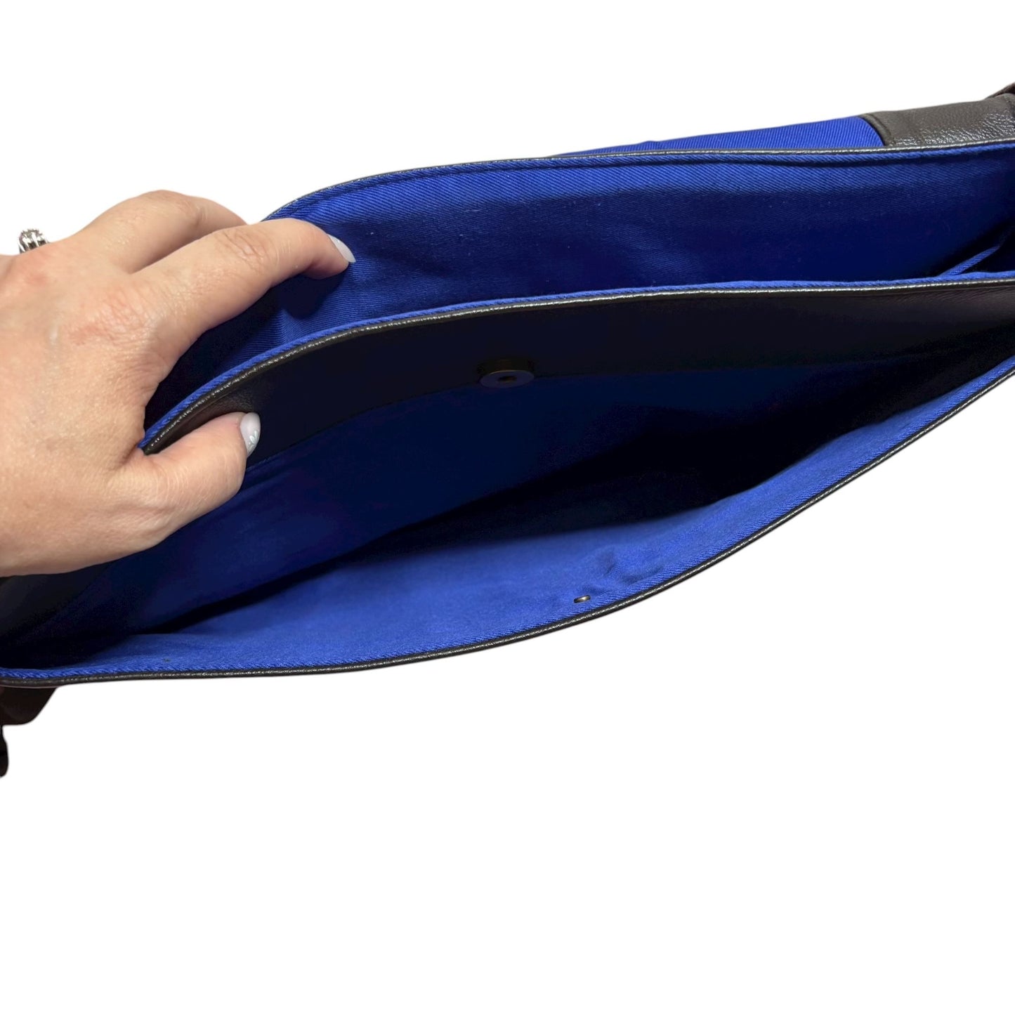 Ted Baker London Messenger Bag Brown Faux Leather Crossbody Blue Stripe Zipper