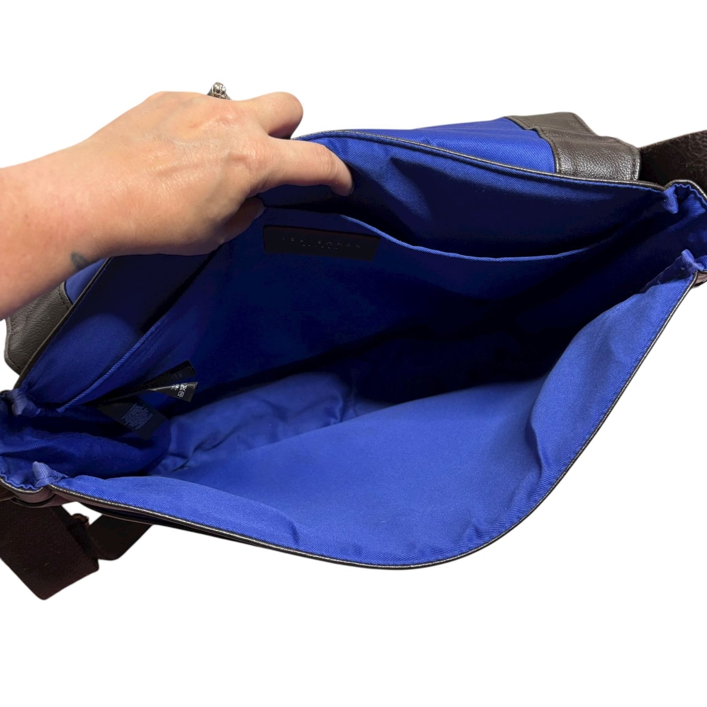 Ted Baker London Messenger Bag Brown Faux Leather Crossbody Blue Stripe Zipper