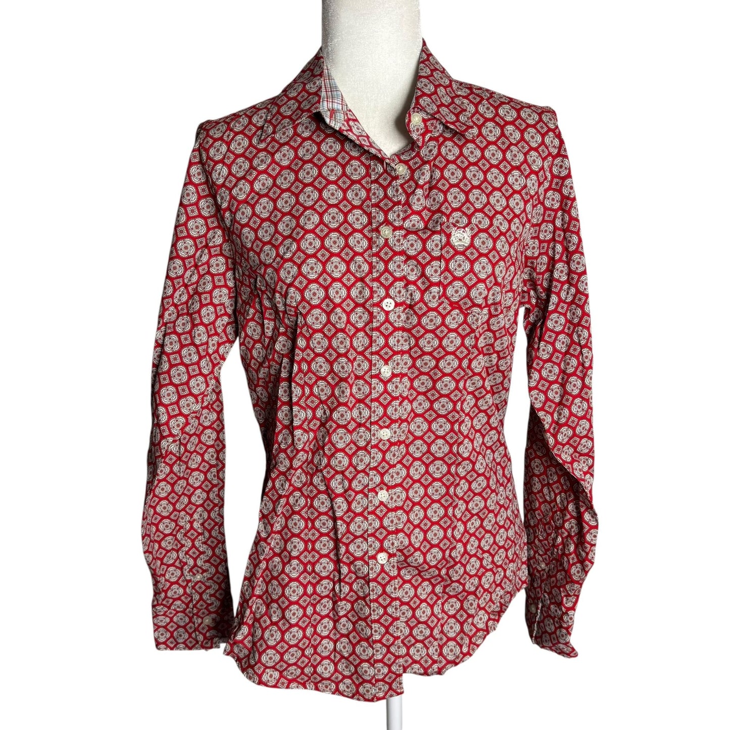 Cinch Button Up Long Sleeve Shirt Medium Red White Geometric Cotton Pocket