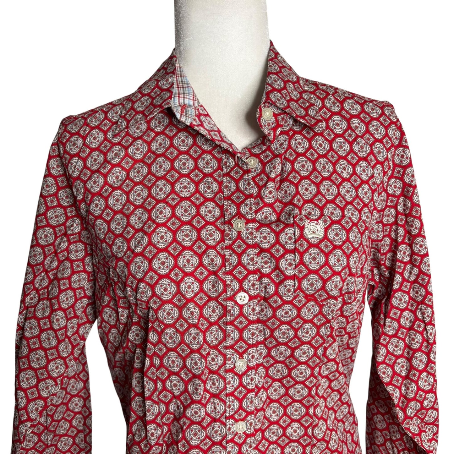 Cinch Button Up Long Sleeve Shirt Medium Red White Geometric Cotton Pocket
