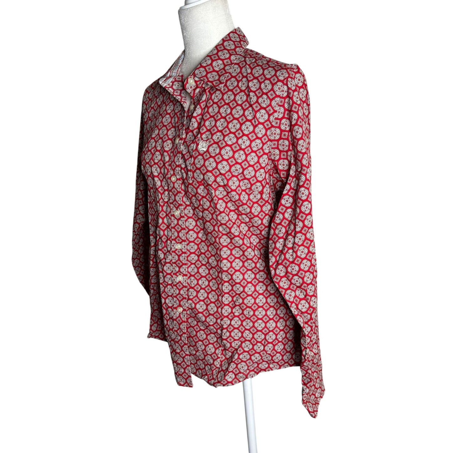 Cinch Button Up Long Sleeve Shirt Medium Red White Geometric Cotton Pocket