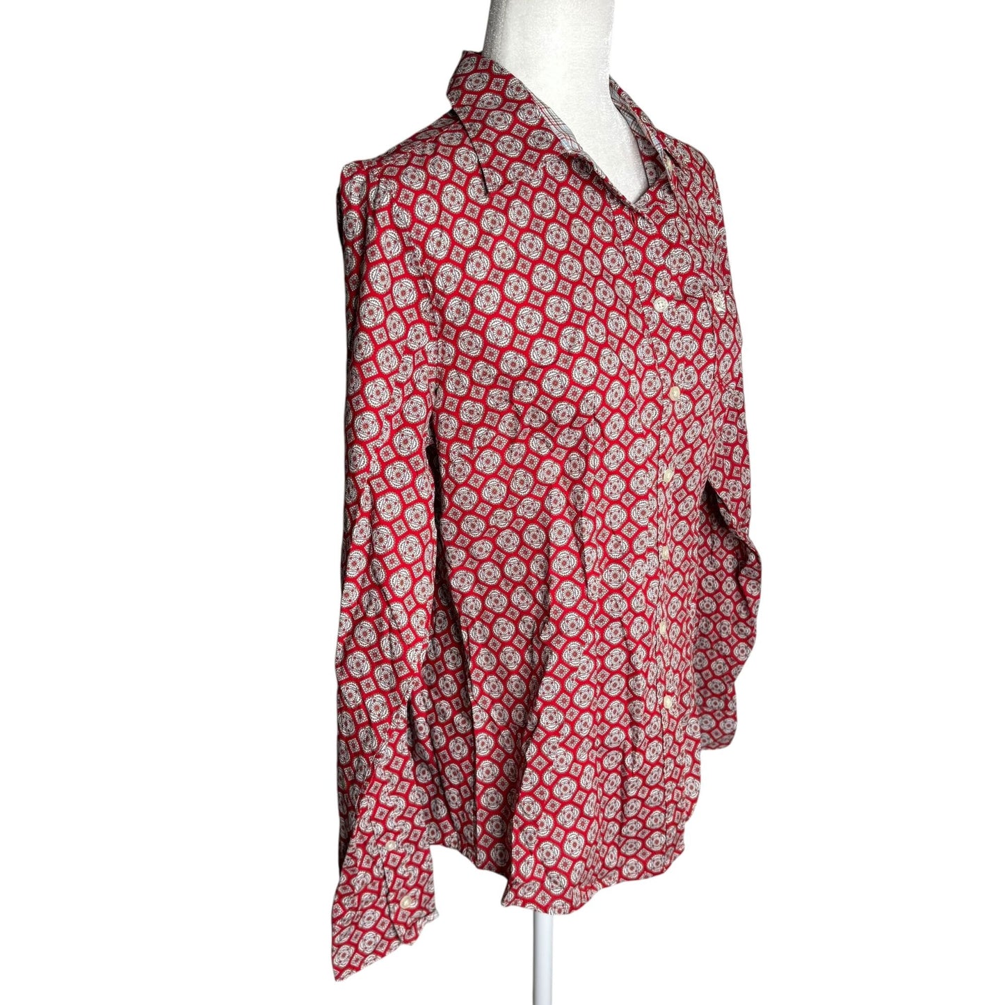Cinch Button Up Long Sleeve Shirt Medium Red White Geometric Cotton Pocket