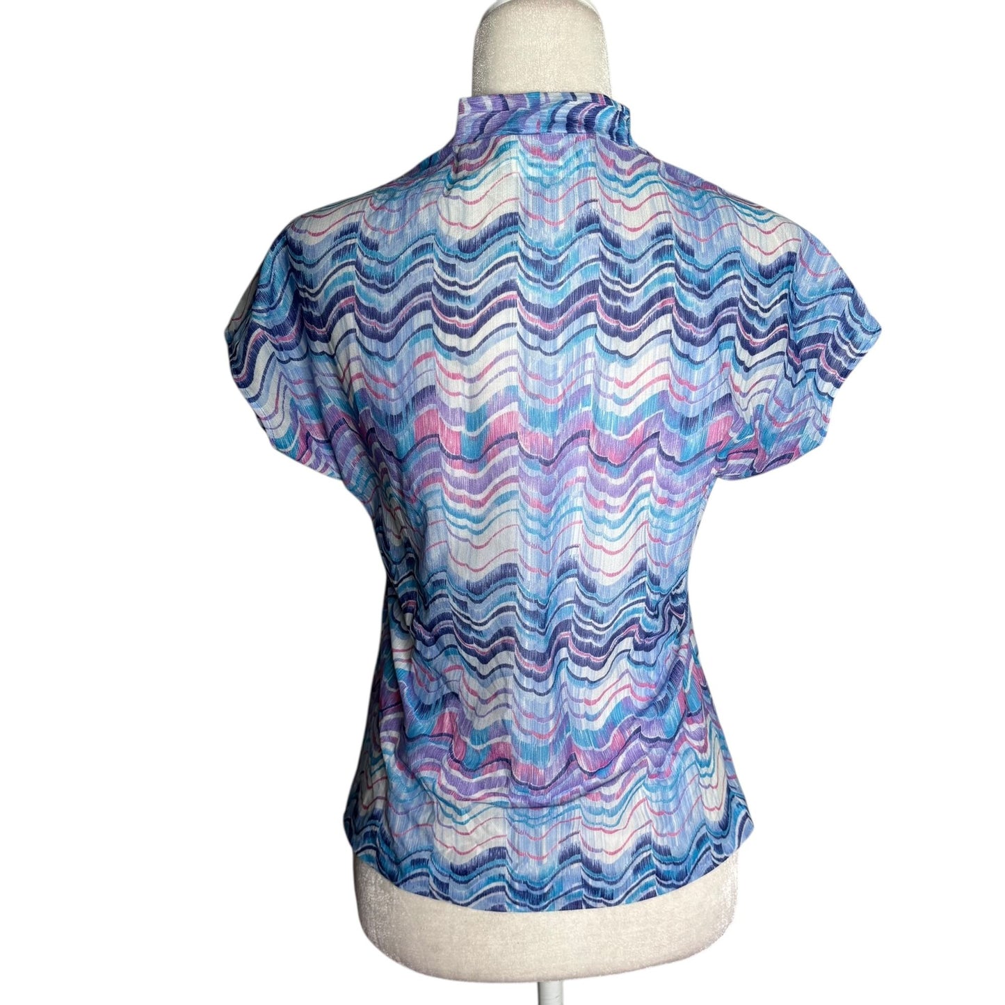 Vintage 80s Blouse Bow Tie Small Zigzag Pastel Purple Blue Short Sleeve Sheer
