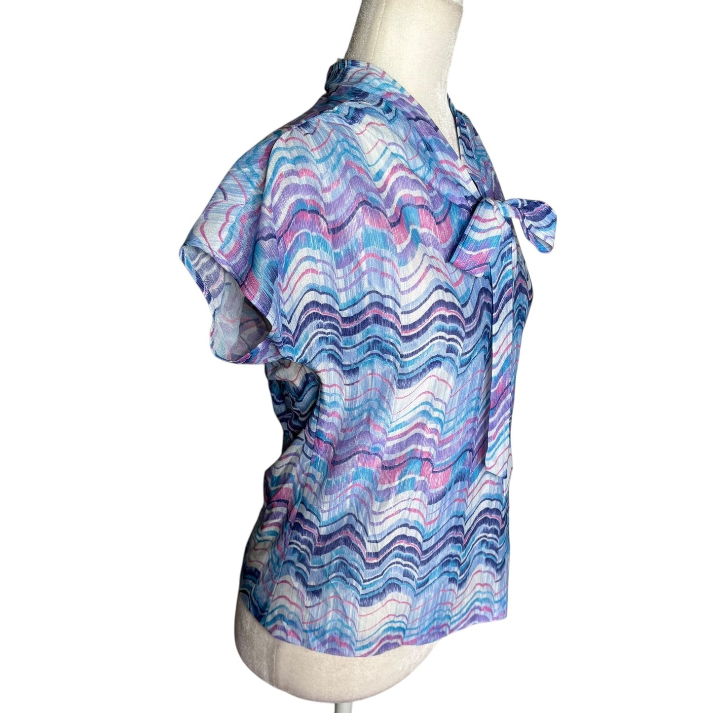 Vintage 80s Blouse Bow Tie Small Zigzag Pastel Purple Blue Short Sleeve Sheer