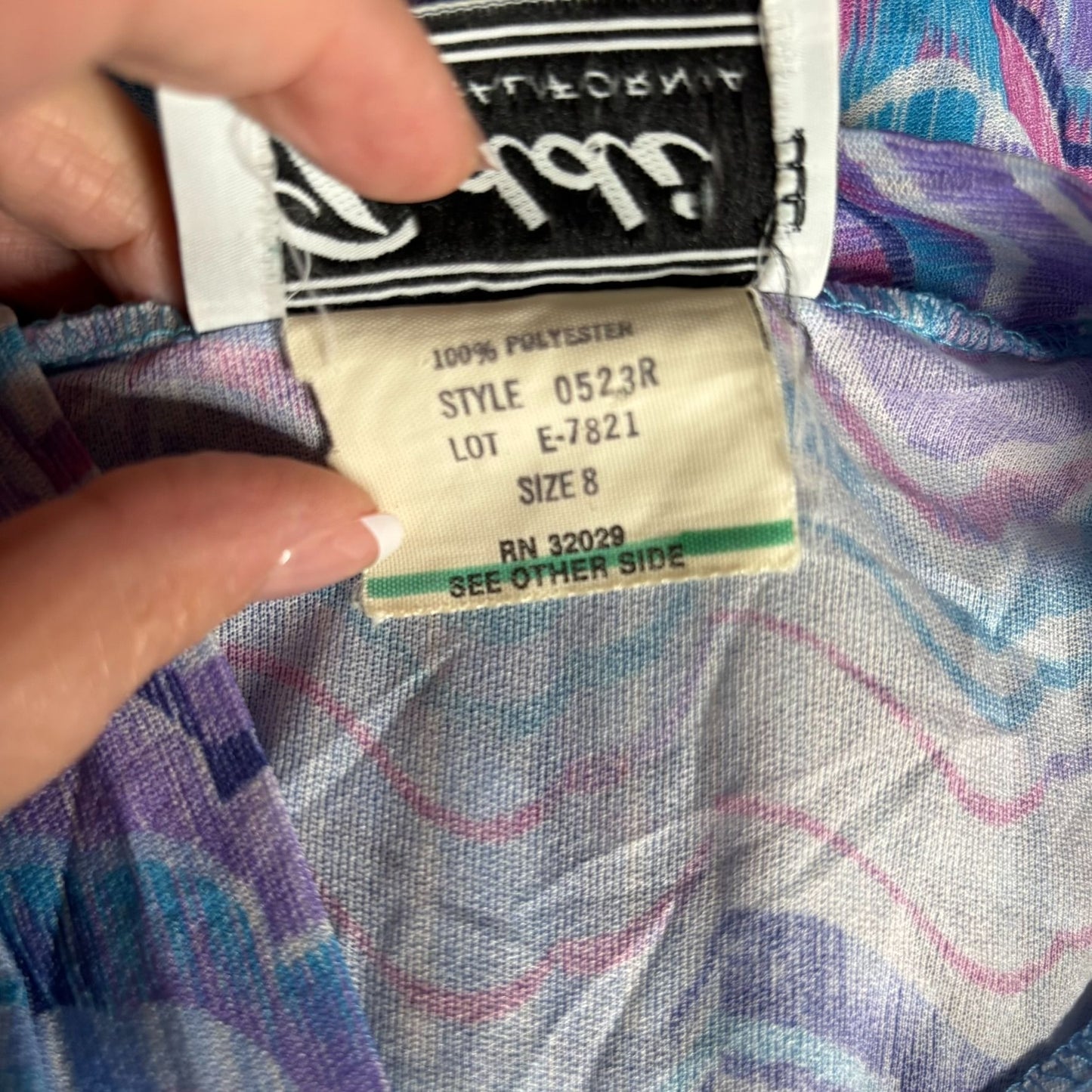 Vintage 80s Blouse Bow Tie Small Zigzag Pastel Purple Blue Short Sleeve Sheer