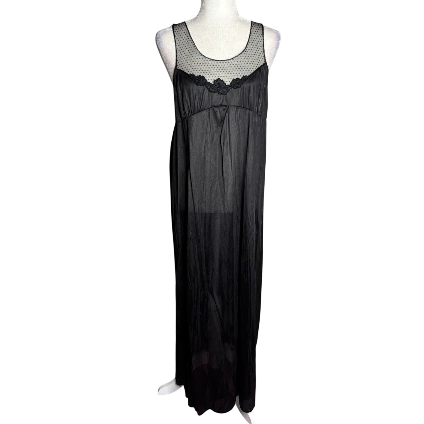 Vintage 70s Paramount Sheer Nylon Nightgown Large Black Polka Dot Mesh Empire