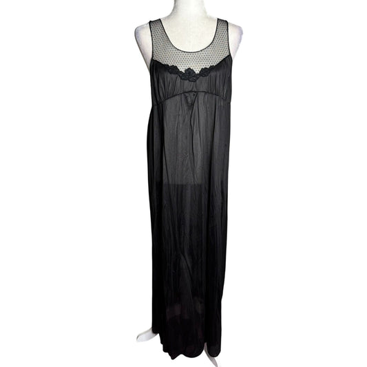 Vintage 70s Paramount Sheer Nylon Nightgown Large Black Polka Dot Mesh Empire