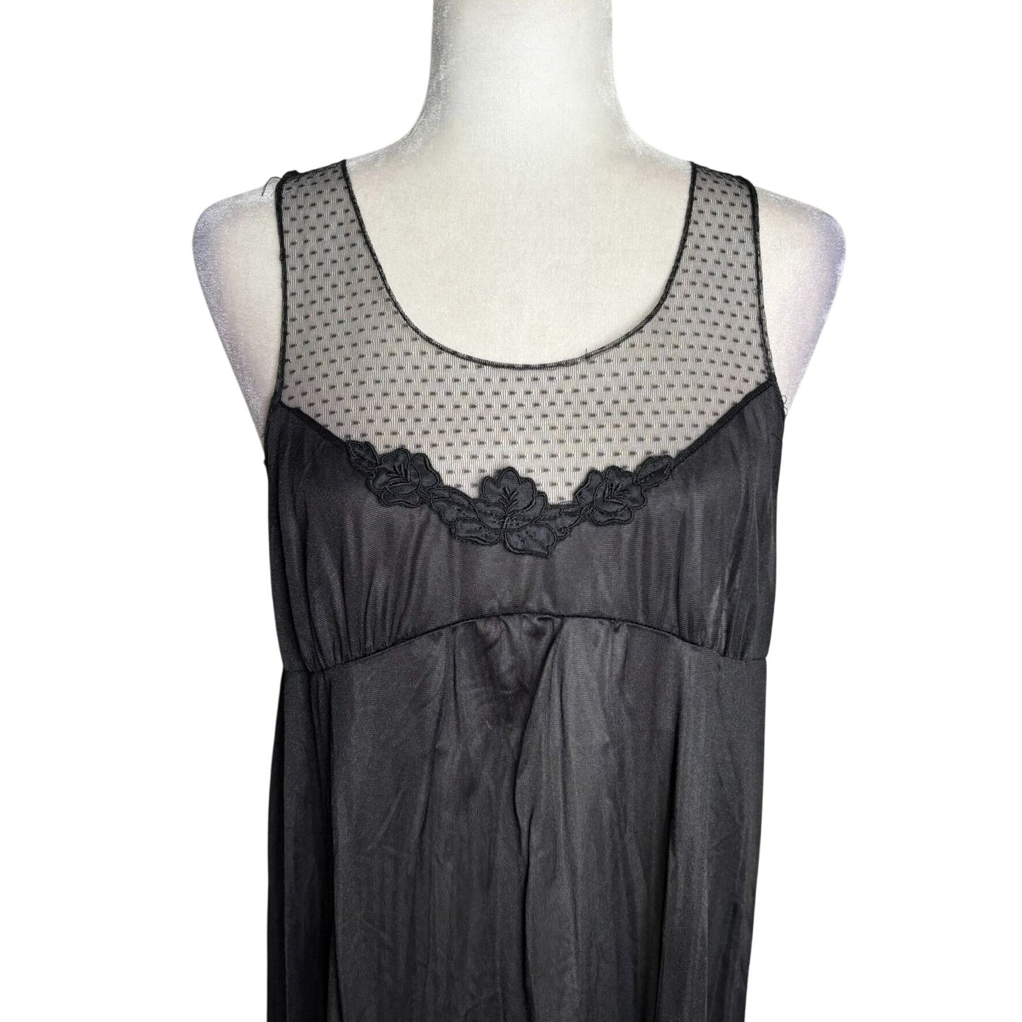 Vintage 70s Paramount Sheer Nylon Nightgown Large Black Polka Dot Mesh Empire