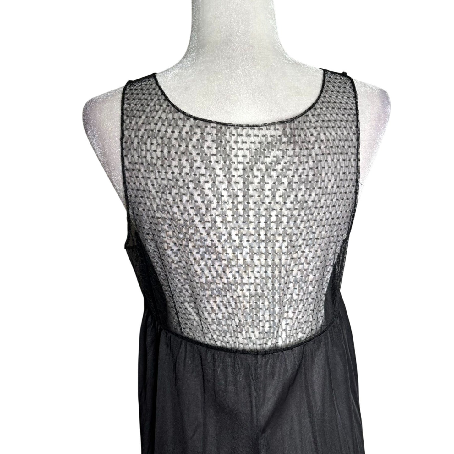 Vintage 70s Paramount Sheer Nylon Nightgown Large Black Polka Dot Mesh Empire