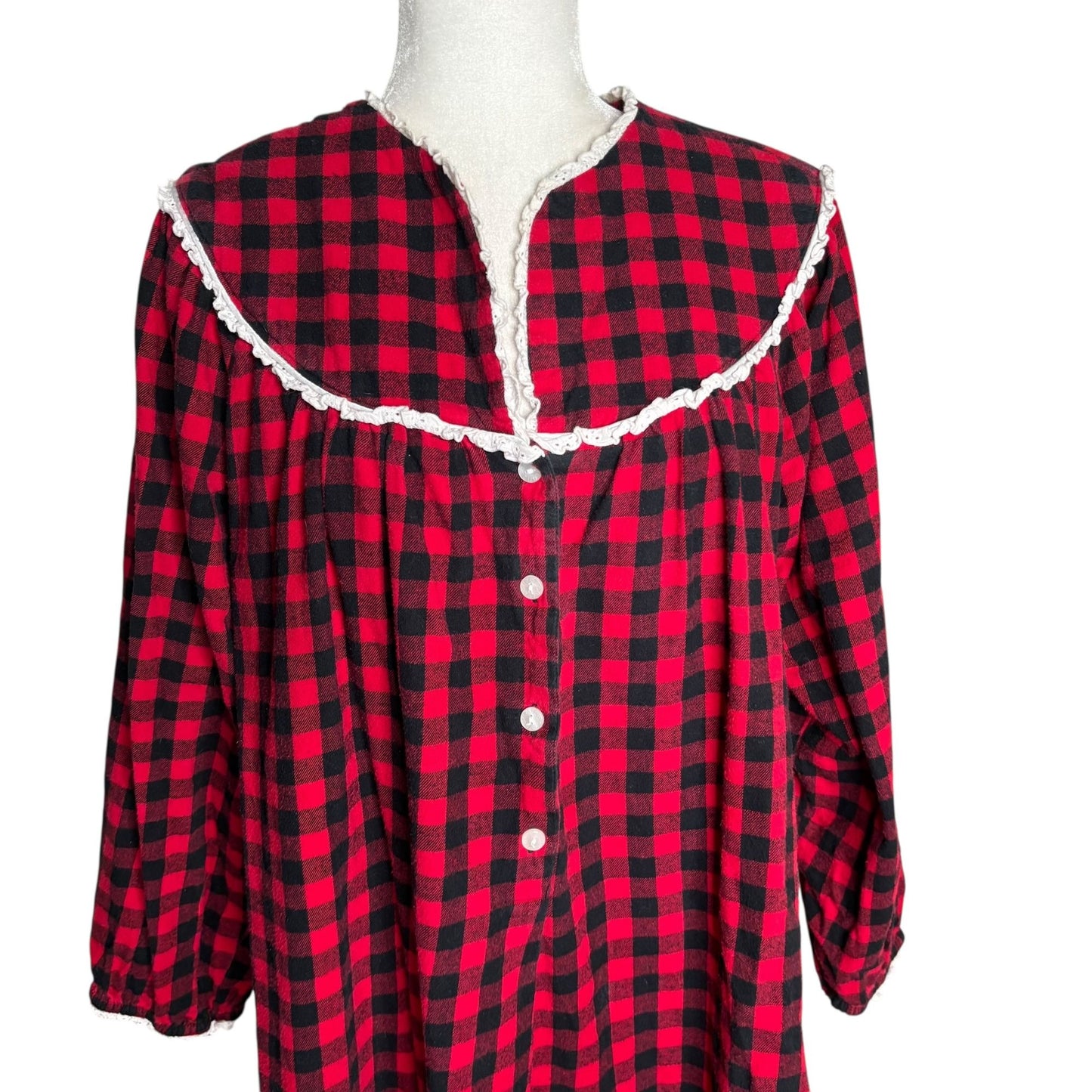 Lanz Of Salzburg Buffalo Plaid Flannel Nightgown Size Large Red Black Buttons