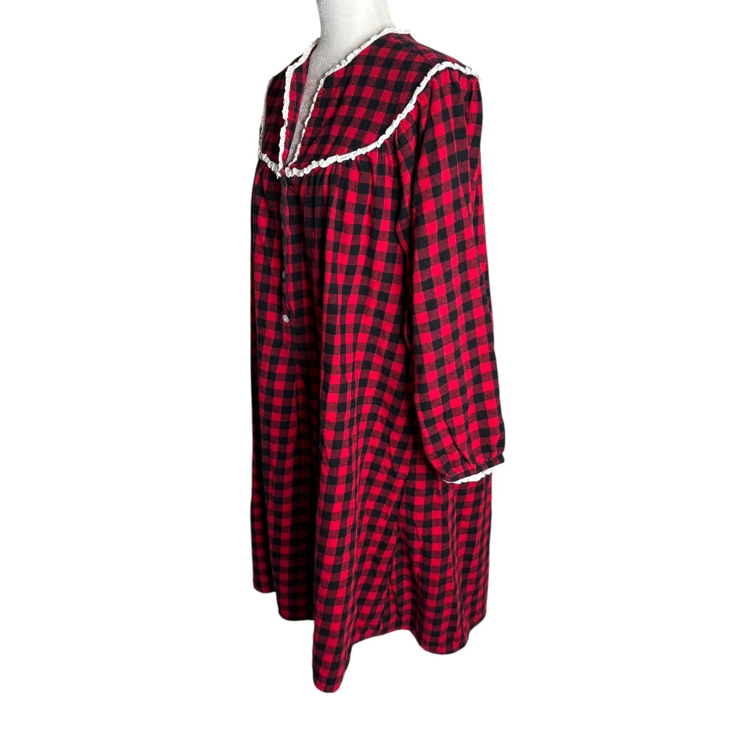 Lanz Of Salzburg Buffalo Plaid Flannel Nightgown Size Large Red Black Buttons