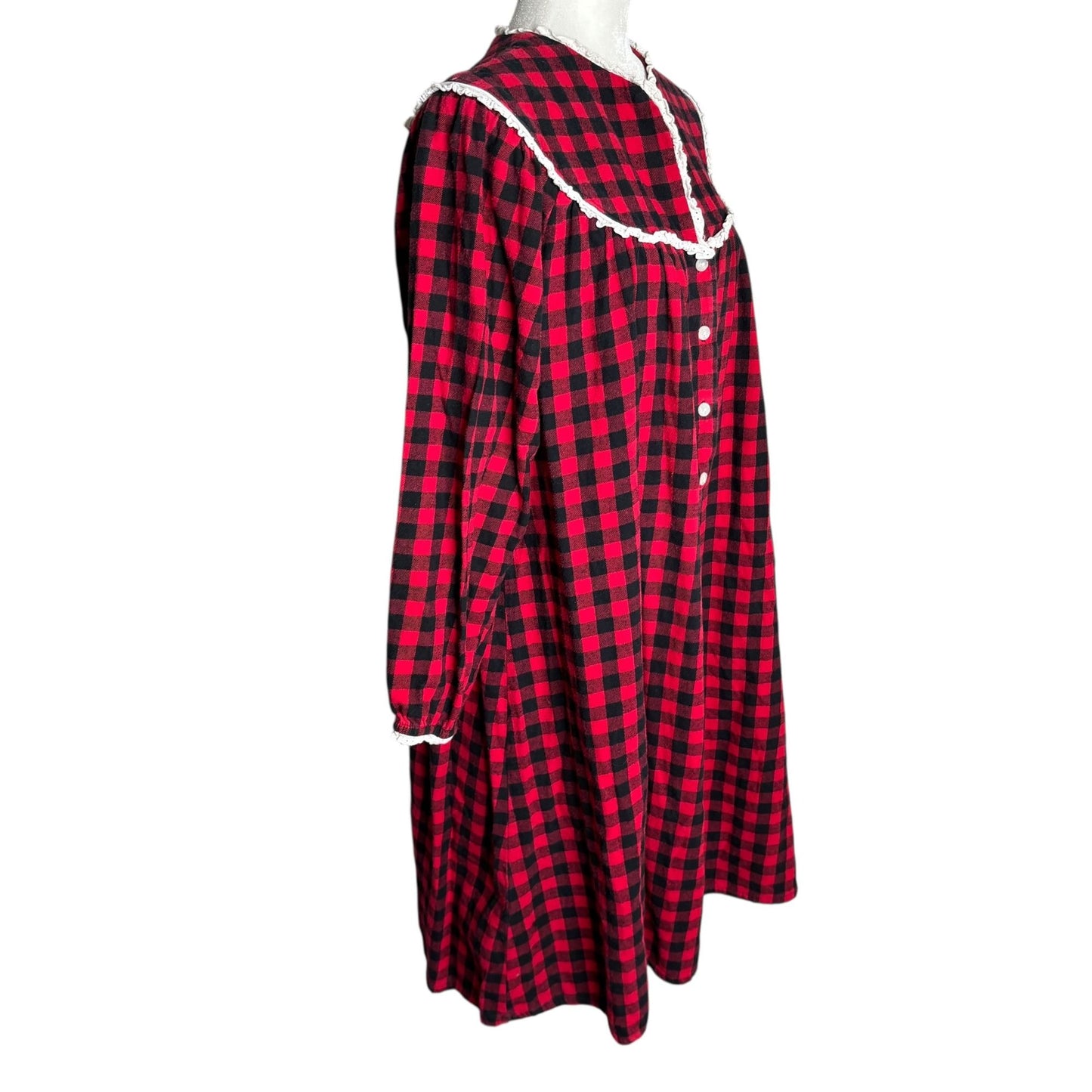 Lanz Of Salzburg Buffalo Plaid Flannel Nightgown Size Large Red Black Buttons